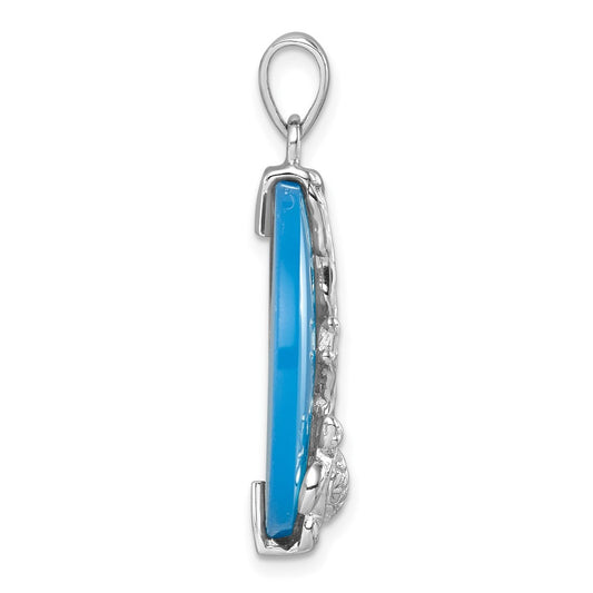 Sterling Silver Rhodium-Plated Polished Blue Agate Turtle and Reef Round Pendant PLP-316