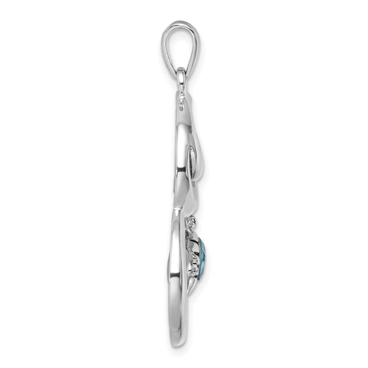 Sterling Silver Rhodium-plated Polished and Antiqued Blue Crystal Turtle Heart with Wave Pendant PLP-375