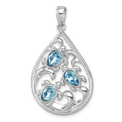 Sterling Silver Rhodium-plated Polished Triple Crystal Turtle Ocean Wave Pendant PLP-429