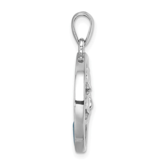 Sterling Silver Rhodium-plated Polished Round Blue Agate Double Dolphin Pendant PLP-480