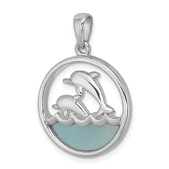 Sterling Silver Rhodium-plated Polished Round Blue Agate Double Dolphin Pendant PLP-480
