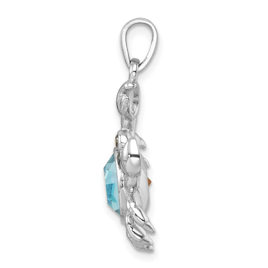 Sterling Silver Rhodium-plated Polished Round Crystal Crab Pendant PLP-514