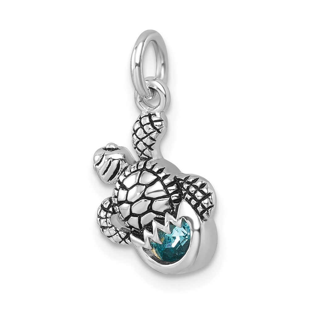 Sterling Silver Rhodium-Plated Antiqued Crystal Hatching Turtle Pendant PLP-553