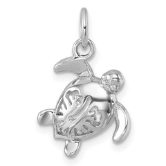 Sterling Silver Rhodium-Plated Tiny Turtle with Flower Back Pendant PLP-611