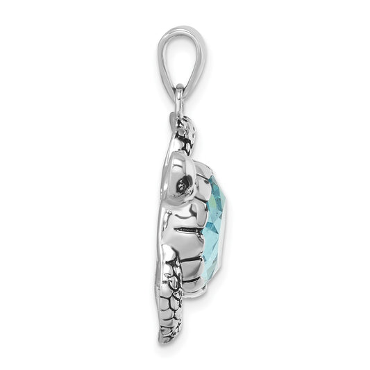 Sterling Silver Rhodium-plated Antiqued Blue Crystal Turtle Pendant PLP-686