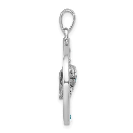 Sterling Silver Rhodium-plated Antiqued Round Moveable Crystal Turtle Pendant PLP-727
