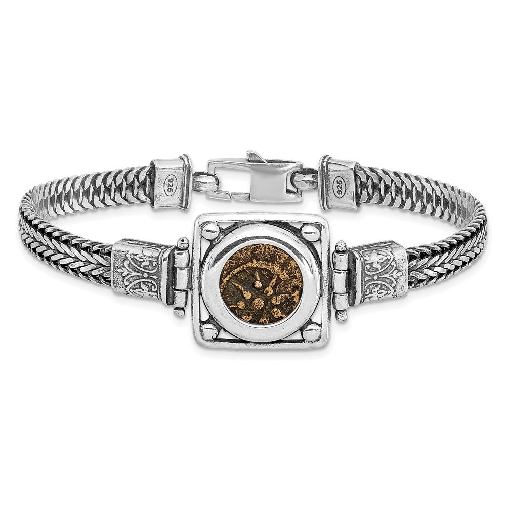 Ancient Coins Sterling Silver and Bronze Antiqued Widow's Mite Coin 7 inch Fancy Lobster Clasp Bracelet with a Certificate of Authenticity QAC109-7
