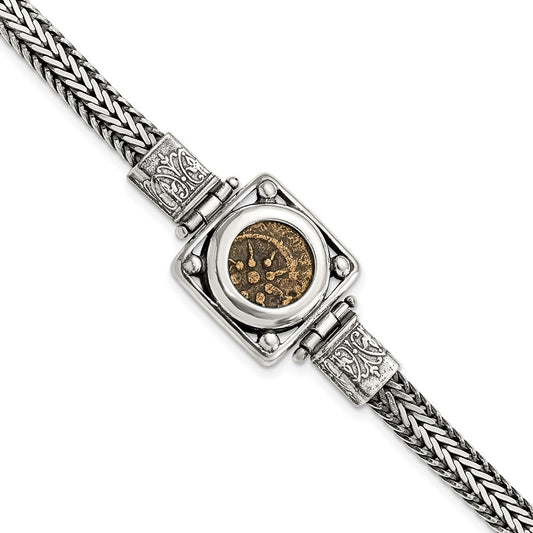 Ancient Coins Sterling Silver and Bronze Antiqued Widow's Mite Coin 7 inch Fancy Lobster Clasp Bracelet with a Certificate of Authenticity QAC109-7
