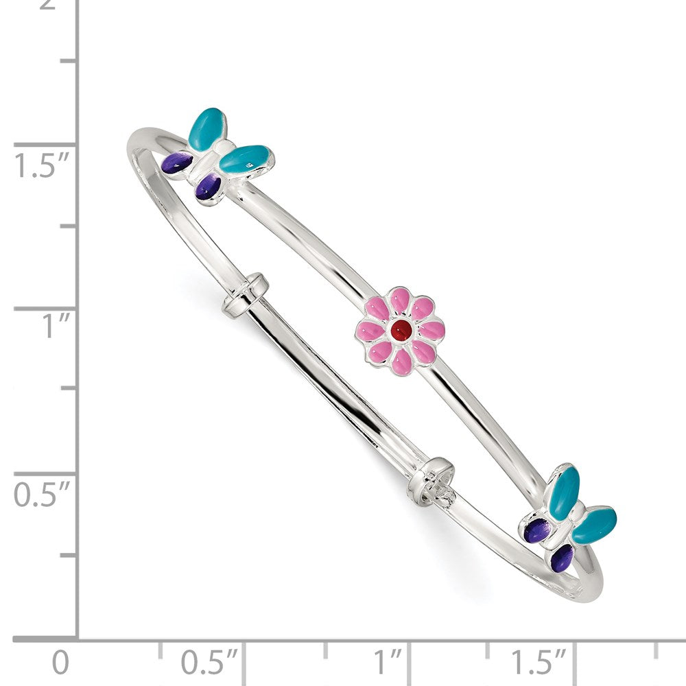 Sterling Silver Enameled Flower & Butterfly Adjustable Children's Bangle QB1048