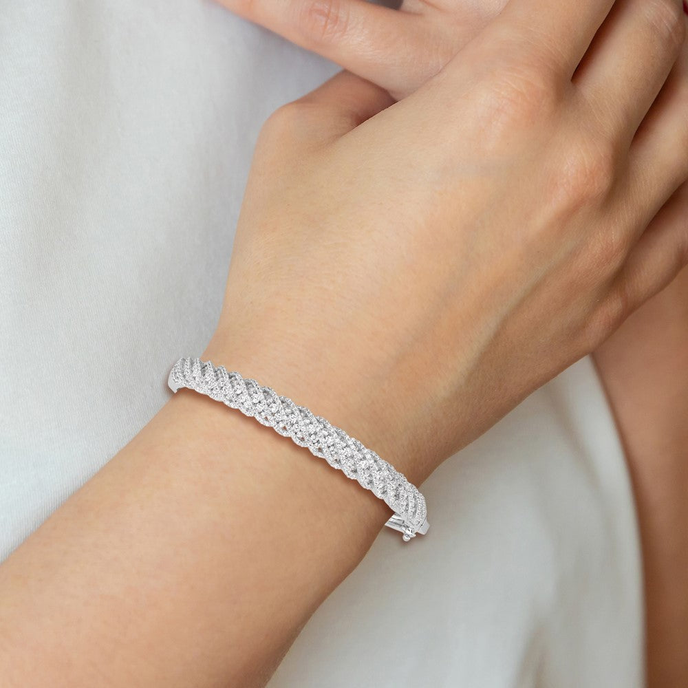 Sterling Shimmer Sterling Silver Rhodium-plated 349 Stone CZ Hinged Bangle Bracelet QB1074