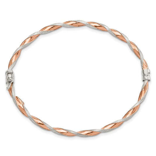 Sterling Silver Rose-tone Satin/Polish Twisted 3mm Hinged Bangle QB1099