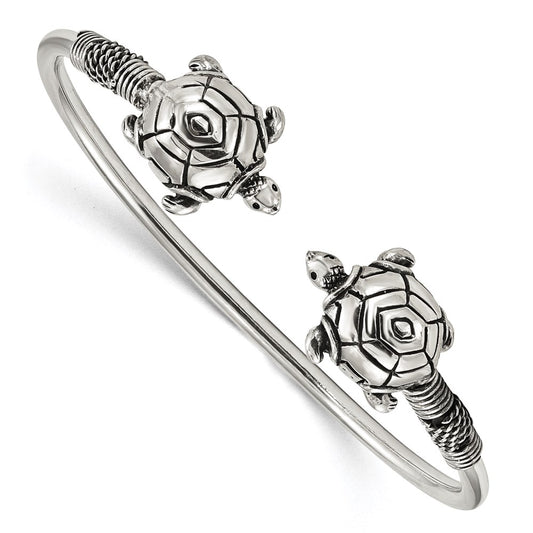 Sterling Silver Polished Antiqued Turtle Flexible Bangle QB1157