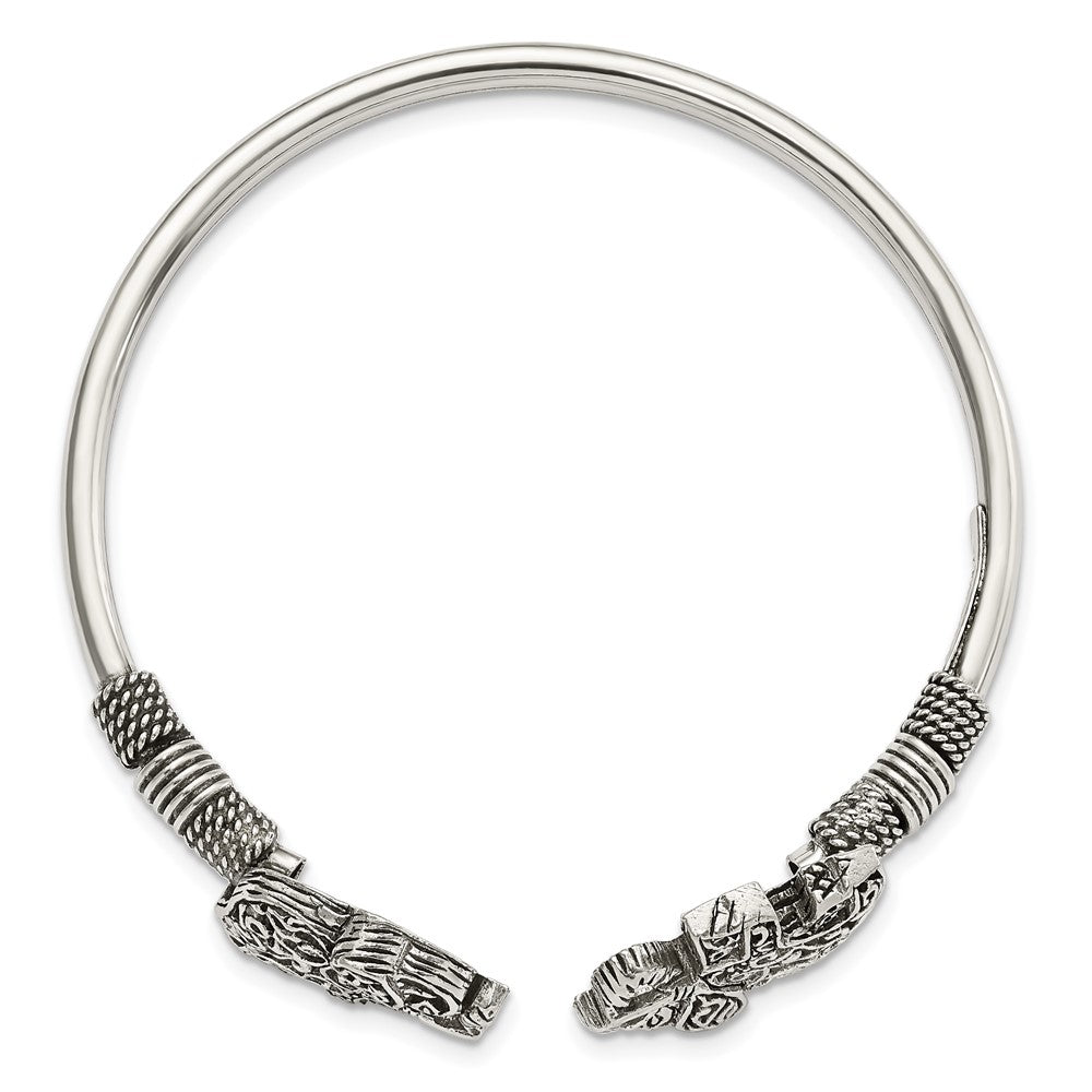 Sterling Silver Polished Antiqued Filigree Elephants Flexible Bangle QB1159