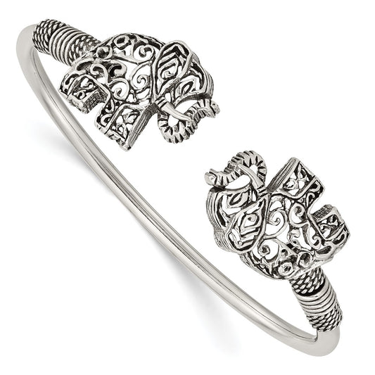 Sterling Silver Polished Antiqued Filigree Elephants Flexible Bangle QB1159