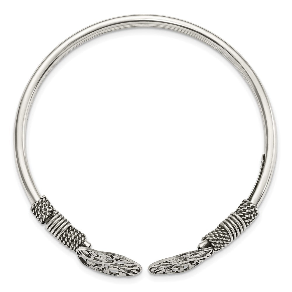 Sterling Silver Polished Tree Antiqued Flexible Bangle QB1164