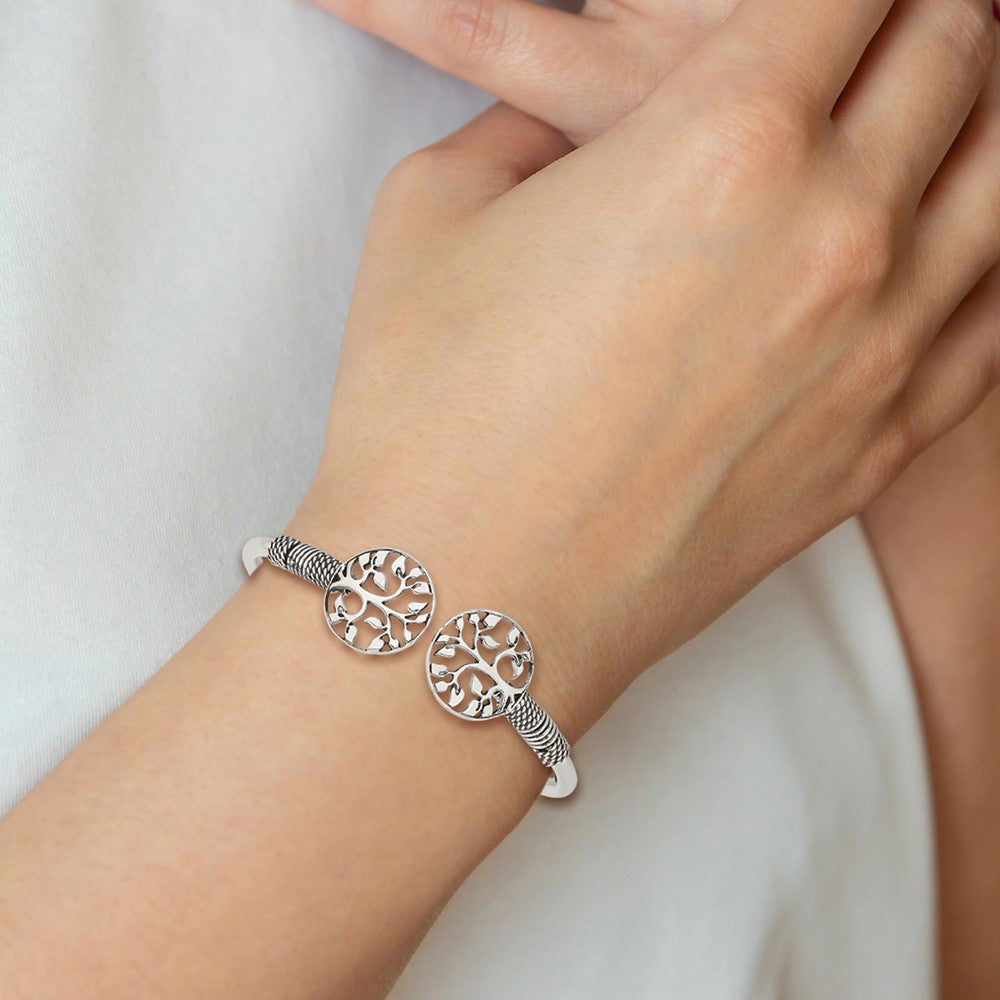 Sterling Silver Polished Tree Antiqued Flexible Bangle QB1164