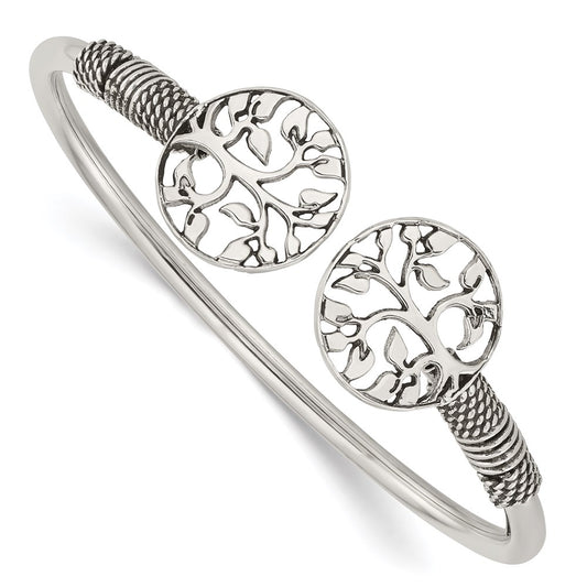 Sterling Silver Polished Tree Antiqued Flexible Bangle QB1164