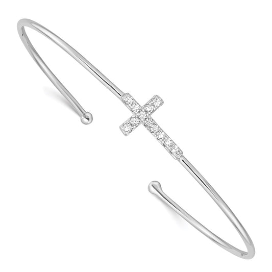 Sterling Silver Rhodium-plated CZ Cross Cuff Bangle QB1185