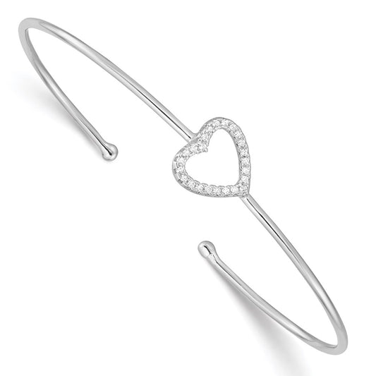 Sterling Silver Rhodium-plated CZ Heart Cuff Bangle Bracelet QB1186