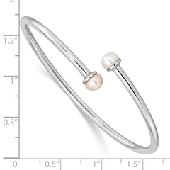 Sterling Silver Rhodium-plated 5-5.5mm Pink and White Button Freshwater Cultured Pearl Flexible Children's Bangle QB1203