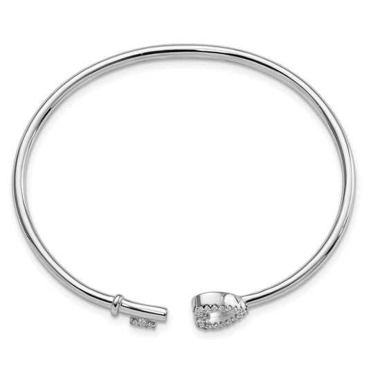 Sterling Silver Rhodium-plated CZ Heart and Key Flexible Bangle QB1219