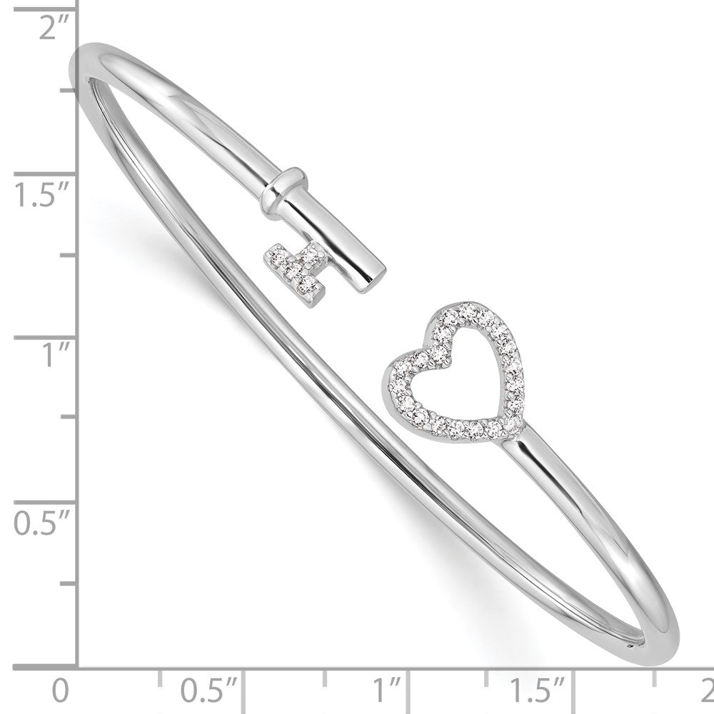 Sterling Silver Rhodium-plated CZ Heart and Key Flexible Bangle QB1219