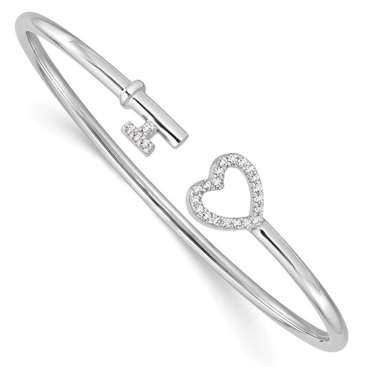 Sterling Silver Rhodium-plated CZ Heart and Key Flexible Bangle QB1219