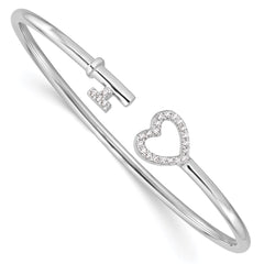 Sterling Silver Rhodium-plated CZ Heart and Key Flexible Bangle QB1219