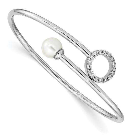 Sterling Silver Rh-pl Imitation Shell Pearl and CZ Flexible Bangle QB1236
