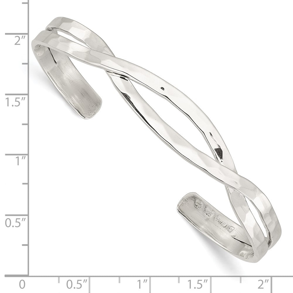 Sterling Silver Polished Hammered Criss Cross Cuff Bangle QB1369