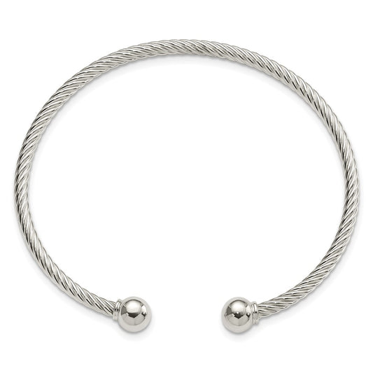 Sterling Silver Polished Twisted w/1 Thread Ball Cuff Bangle QB1380
