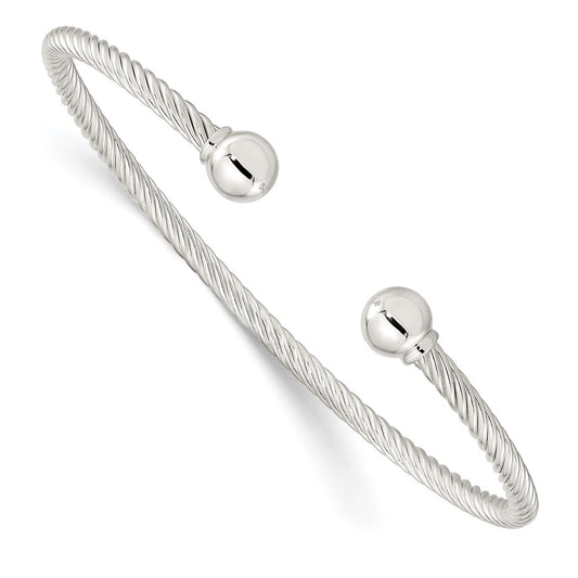 Sterling Silver Polished Twisted w/1 Thread Ball Cuff Bangle QB1380
