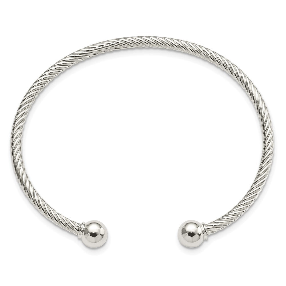 Sterling Silver Rhod-plated Twisted w/1 Thread Ball Cuff Bangle QB1381