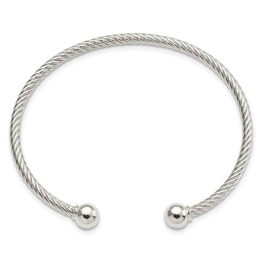 Sterling Silver Rhod-plated Twisted w/1 Thread Ball Cuff Bangle QB1381
