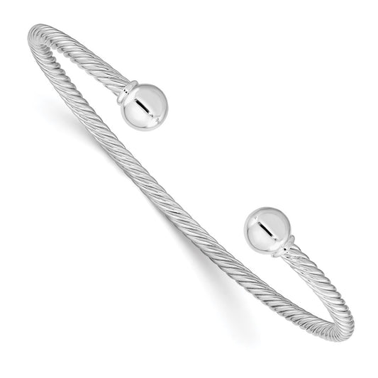 Sterling Silver Rhod-plated Twisted w/1 Thread Ball Cuff Bangle QB1381