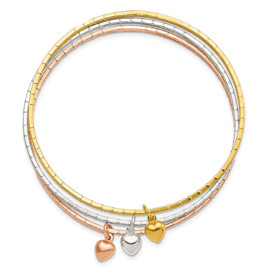 Sterling Silver/Gold-tone/Rose-tone w/Puffed Heart Bangle Set QB1393