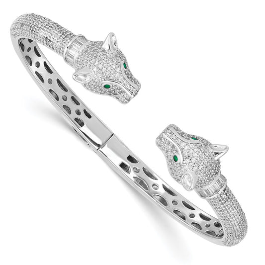 Sterling Silver Rhodium-plated Polished CZ Lioness Hinged Cuff Bangle QB1445