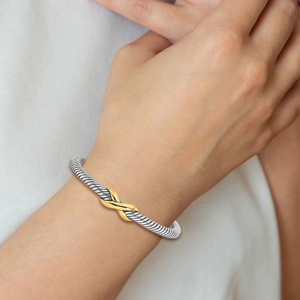 Sterling Silver Antiqued and Gold-tone Infinity Cuff Bangle QB1469
