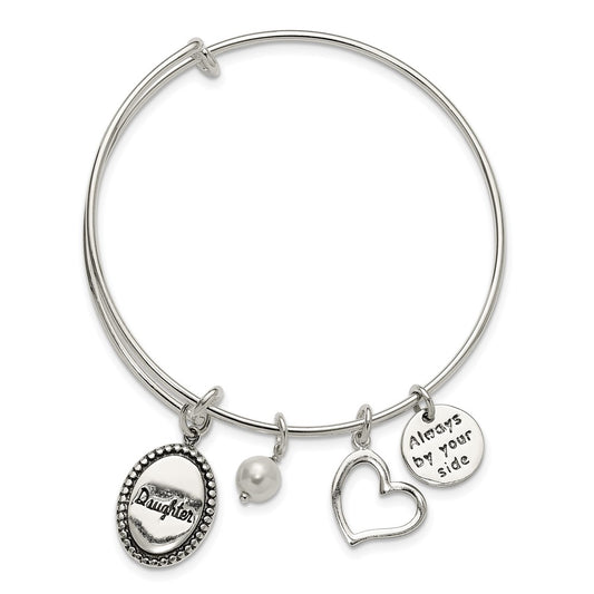 Sterling Silver Antiqued Syn. Pearl Daughter Charm Adjustable Bangle QB1504