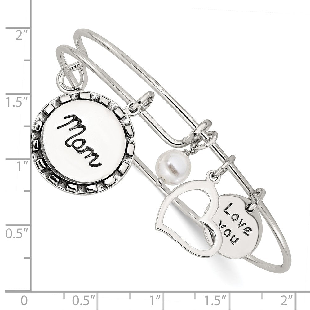Sterling Silver Antiqued Syn. Pearl Love You Mom Charm Adjustable Bangle QB1505