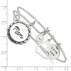 Sterling Silver Antiqued Syn. Pearl Love You Mom Charm Adjustable Bangle QB1505