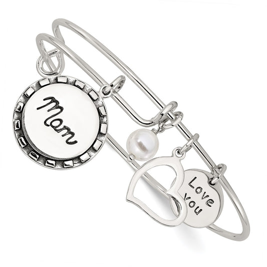 Sterling Silver Antiqued Syn. Pearl Love You Mom Charm Adjustable Bangle QB1505
