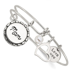 Sterling Silver Antiqued Syn. Pearl Love You Mom Charm Adjustable Bangle QB1505