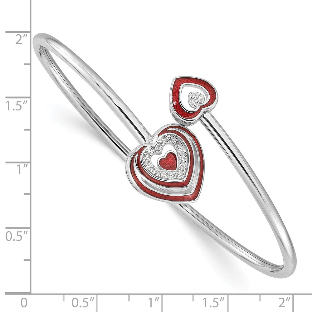 Sterling Silver Rh-plated CZ Red Enamel Heart Flexible Cuff Bangle Bracelet QB1537