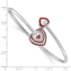 Sterling Silver Rh-plated CZ Red Enamel Heart Flexible Cuff Bangle Bracelet QB1537