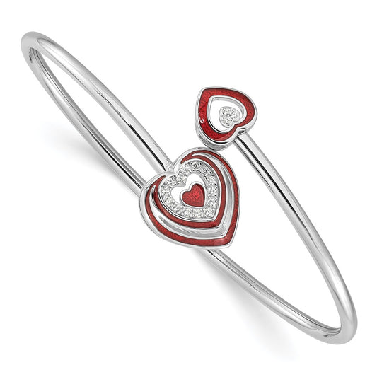 Sterling Silver Rh-plated CZ Red Enamel Heart Flexible Cuff Bangle Bracelet QB1537