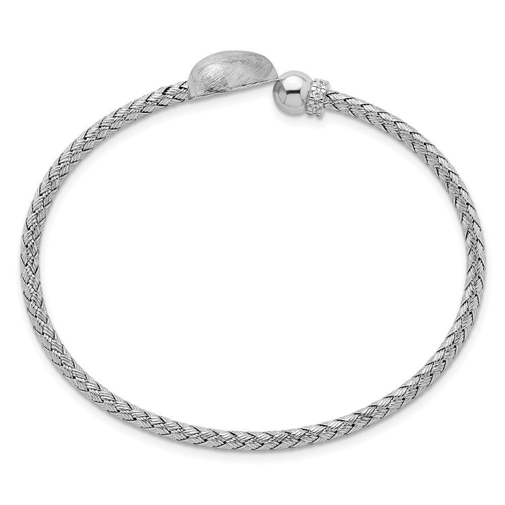 Sterling Silver Rhodium-plated Brushed Heart and CZ Flexible Cuff Bangle QB1585