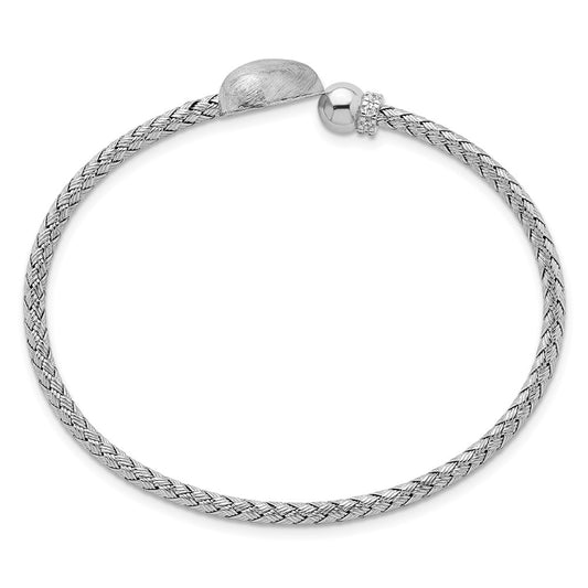 Sterling Silver Rhodium-plated Brushed Heart and CZ Flexible Cuff Bangle QB1585