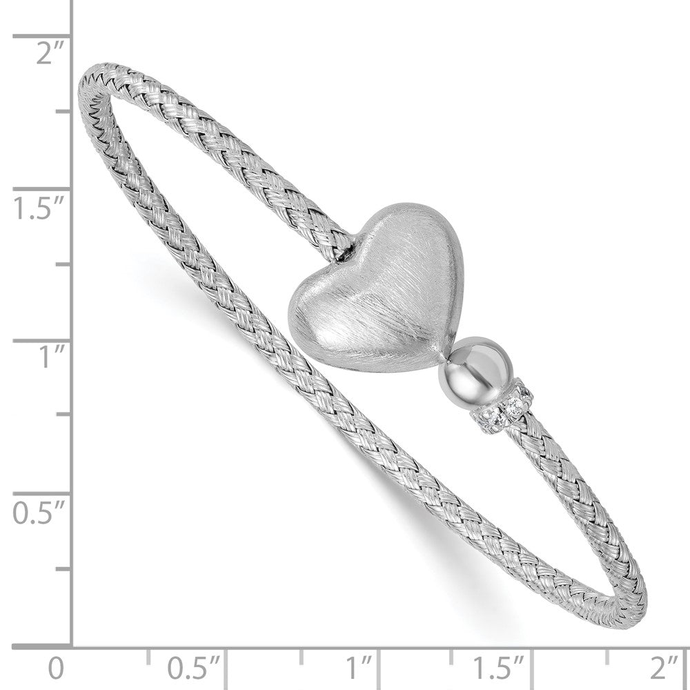 Sterling Silver Rhodium-plated Brushed Heart and CZ Flexible Cuff Bangle QB1585