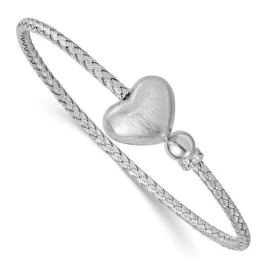 Sterling Silver Rhodium-plated Brushed Heart and CZ Flexible Cuff Bangle QB1585